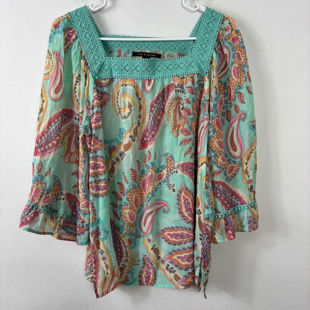 Zac & Rachel Paisley Print Blouse Womens S Bright Colorful Square Neck Flowy